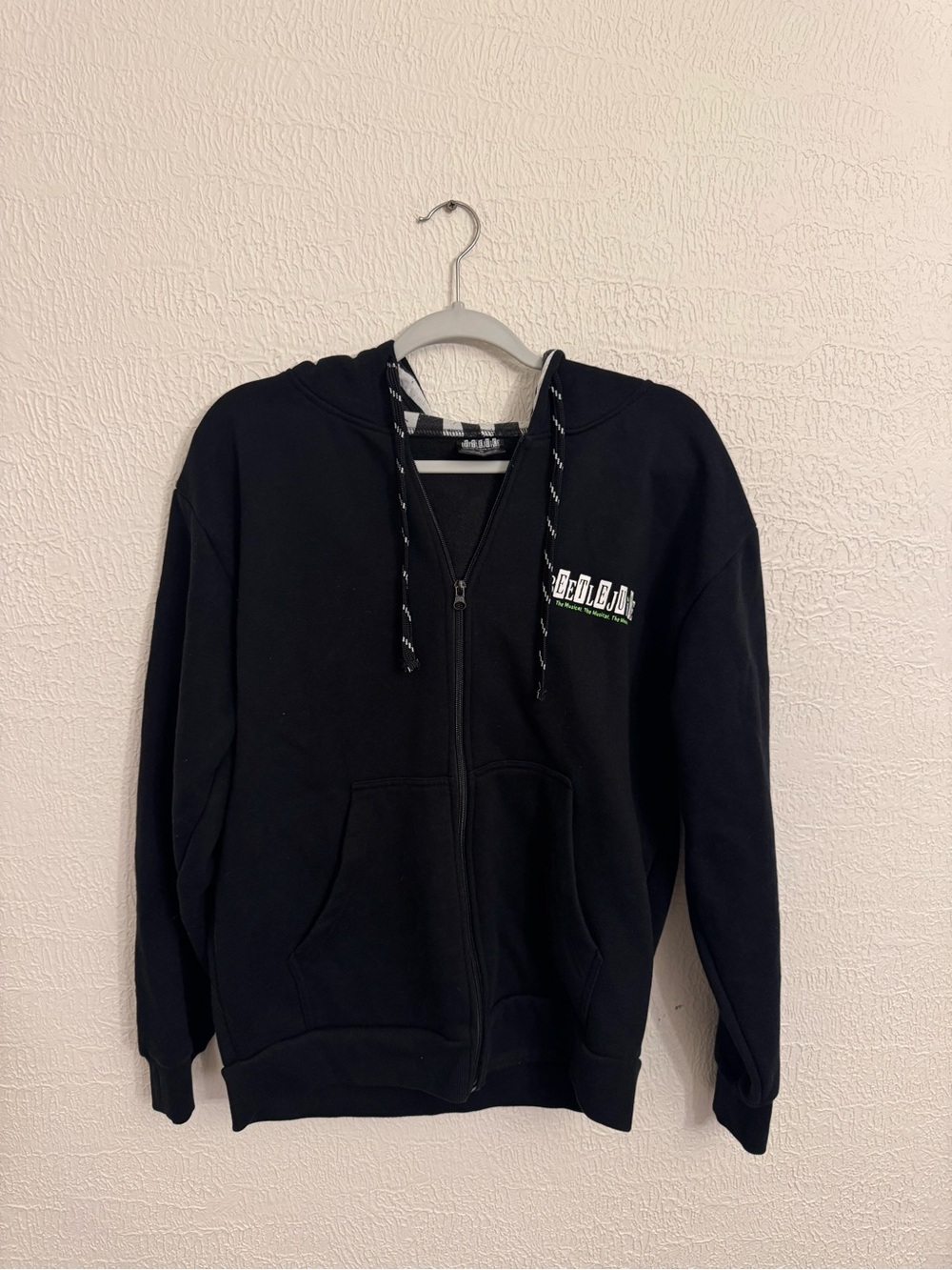 Men's Black Zip-Up Hoodie Jacket with Subtle Chest Graphic